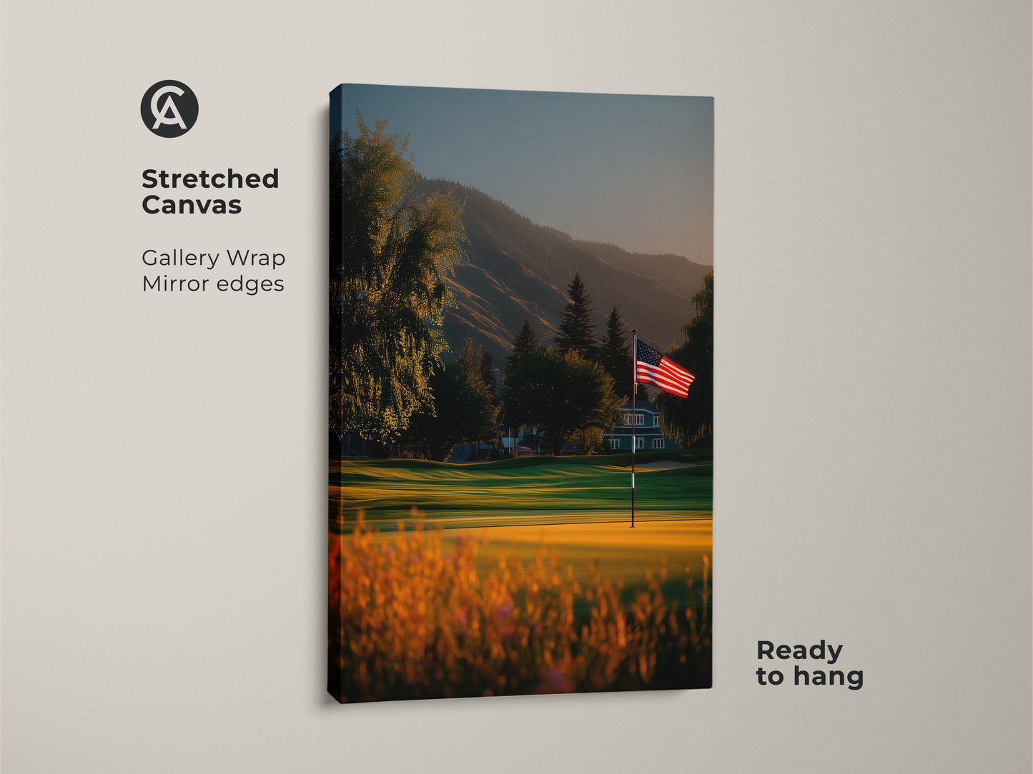 Stretched canvas art featuring a stunning golf course with an American flag. This gallery-wrapped canvas offers mirror edges. It arrives ready to hang. Elevate your space with this patriotic artwork.