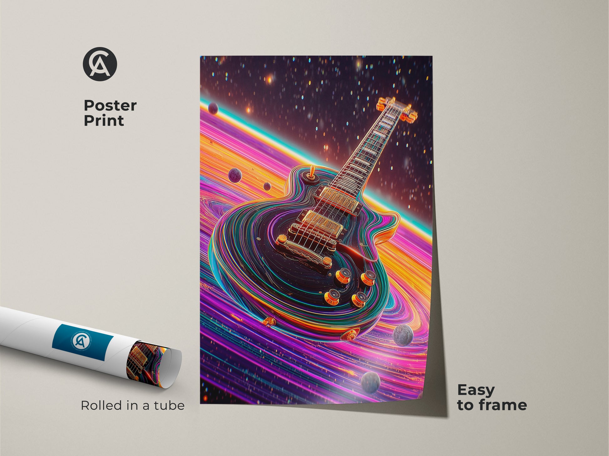 Poster print of psychedelic electric guitar artwork. The abstract space guitar canvas is rolled in a tube. The colorful music wall art is easy to frame. This art makes a perfect gift for music lovers with its vibrant design.