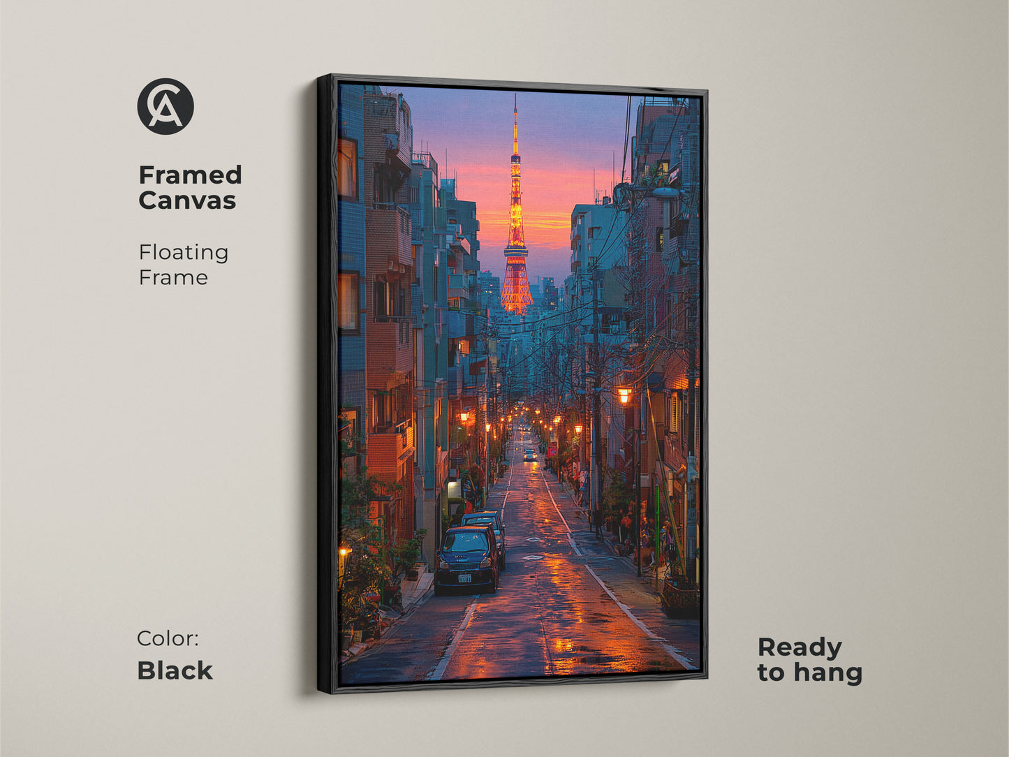 Framed canvas art print of the Tokyo cityscape with a black floating frame. This urban scene decor features deep blue and orange art tones. This Tokyo Tower print is ready to hang adding contemporary style to any room. A thoughtful housewarming gift for travelers and city dwellers.