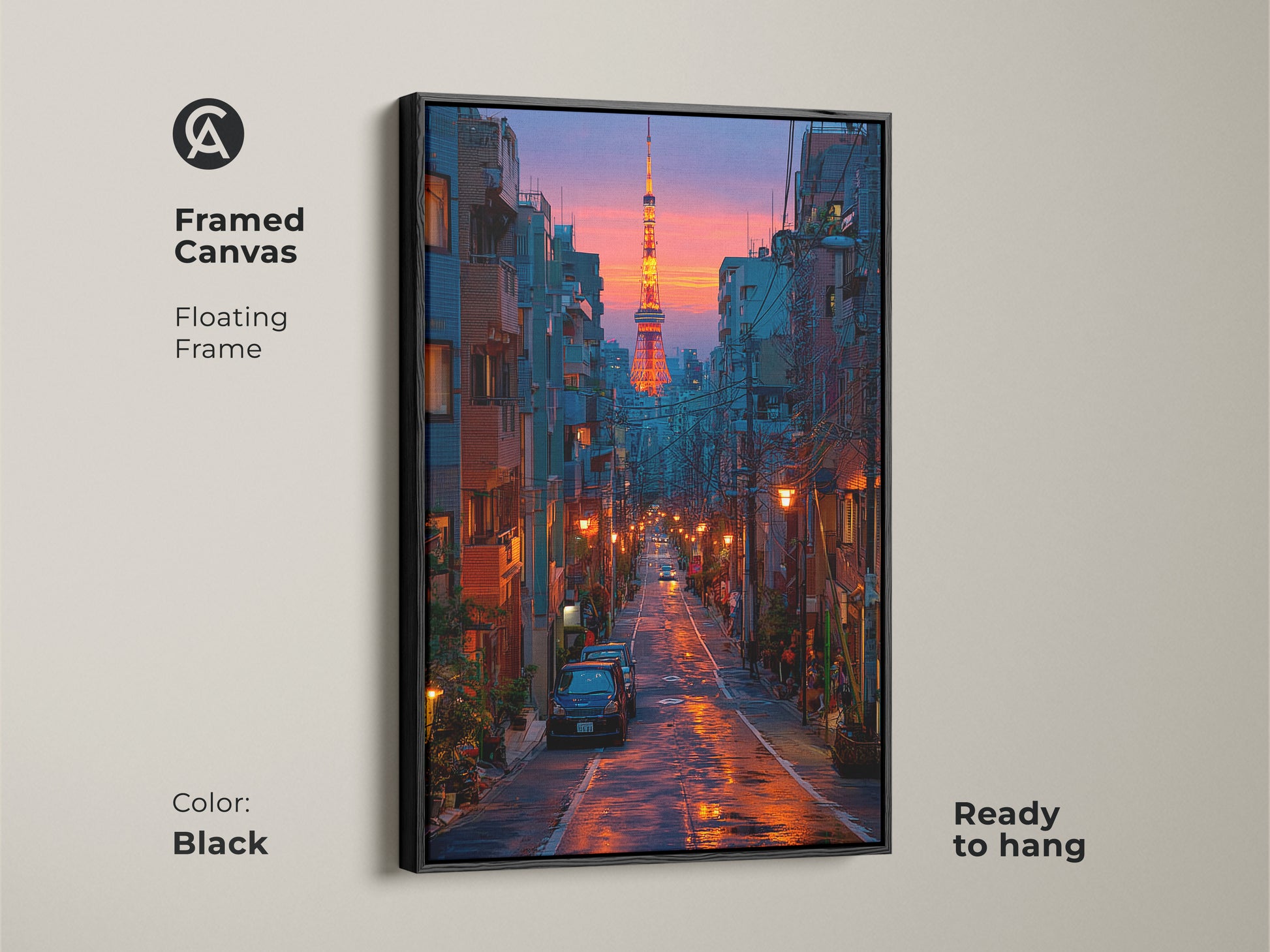 Framed canvas art print of the Tokyo cityscape with a black floating frame. This urban scene decor features deep blue and orange art tones. This Tokyo Tower print is ready to hang adding contemporary style to any room. A thoughtful housewarming gift for travelers and city dwellers.