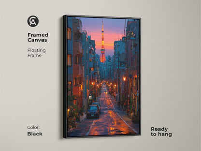 Framed canvas art print of the Tokyo cityscape with a black floating frame. This urban scene decor features deep blue and orange art tones. This Tokyo Tower print is ready to hang adding contemporary style to any room. A thoughtful housewarming gift for travelers and city dwellers.