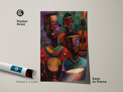 Poster print showcasing tribal musicians. The canvas art features abstract expressionism in a deep purple orange and teal palette. This easy-to-frame artwork brings an eclectic touch to home decor. Perfect as a cultural African art print this music lover gift is rolled in a tube for protection. Vibrant ethnic art for any room.