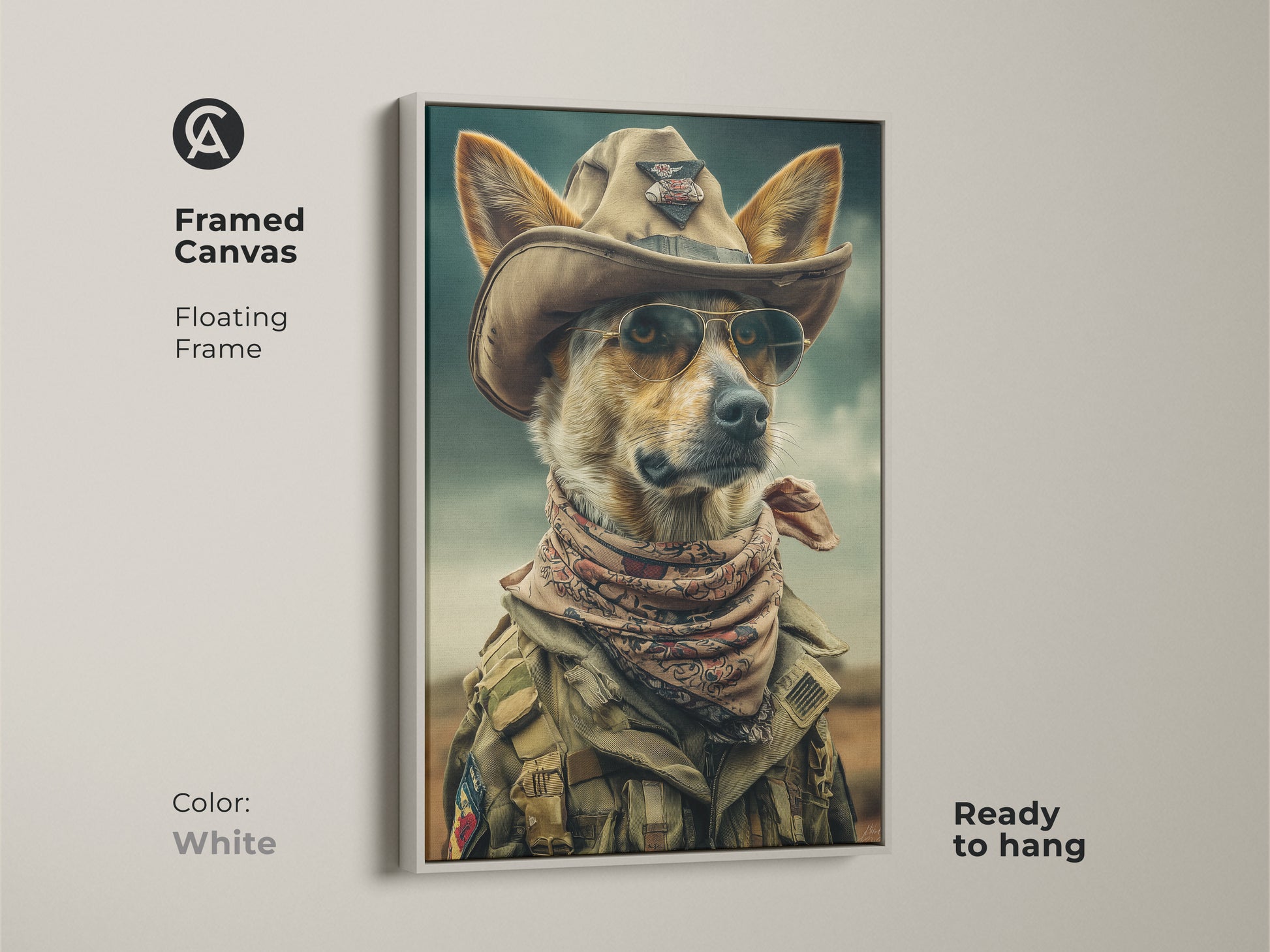 Elevate your decor with this framed canvas of a cowboy dog. The white floating frame complements the surreal dog pop art. Ready to hang this piece suits any space. Perfect as a unique pet portrait canvas. Gift for dog lovers who appreciate cool dog art.