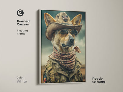 Elevate your decor with this framed canvas of a cowboy dog. The white floating frame complements the surreal dog pop art. Ready to hang this piece suits any space. Perfect as a unique pet portrait canvas. Gift for dog lovers who appreciate cool dog art.