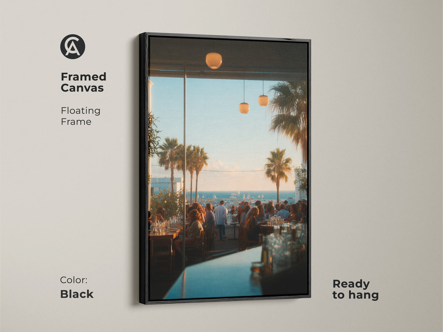 Black framed canvas artwork capturing a lively restaurant ambiance with a coastal backdrop. The floating frame enhances the artwork's visual appeal. This piece is ready to hang and adds sophistication to any decor. The perfect focal point for art enthusiasts.