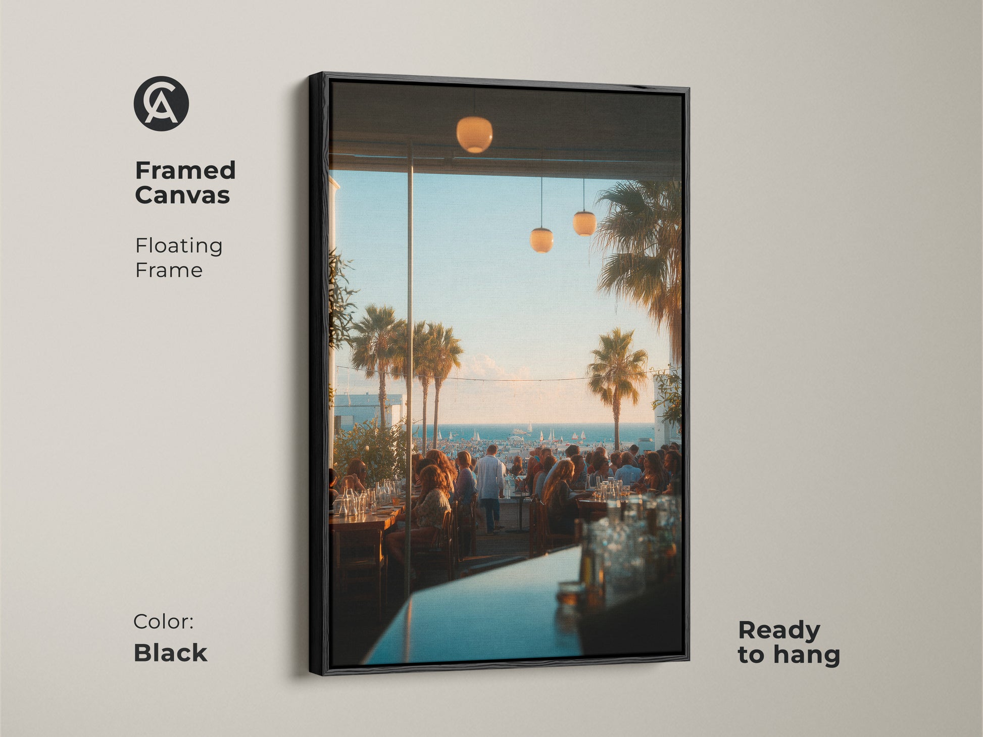 Black framed canvas artwork capturing a lively restaurant ambiance with a coastal backdrop. The floating frame enhances the artwork's visual appeal. This piece is ready to hang and adds sophistication to any decor. The perfect focal point for art enthusiasts.