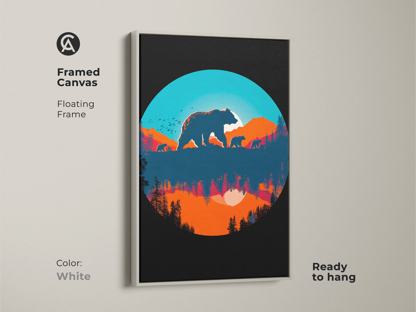 White framed canvas with a bear family silhouette artwork. A perfect blend of modern and retro style this piece of animal silhouette wall hanging will complement any room. Ready to hang and adds elegance to your space