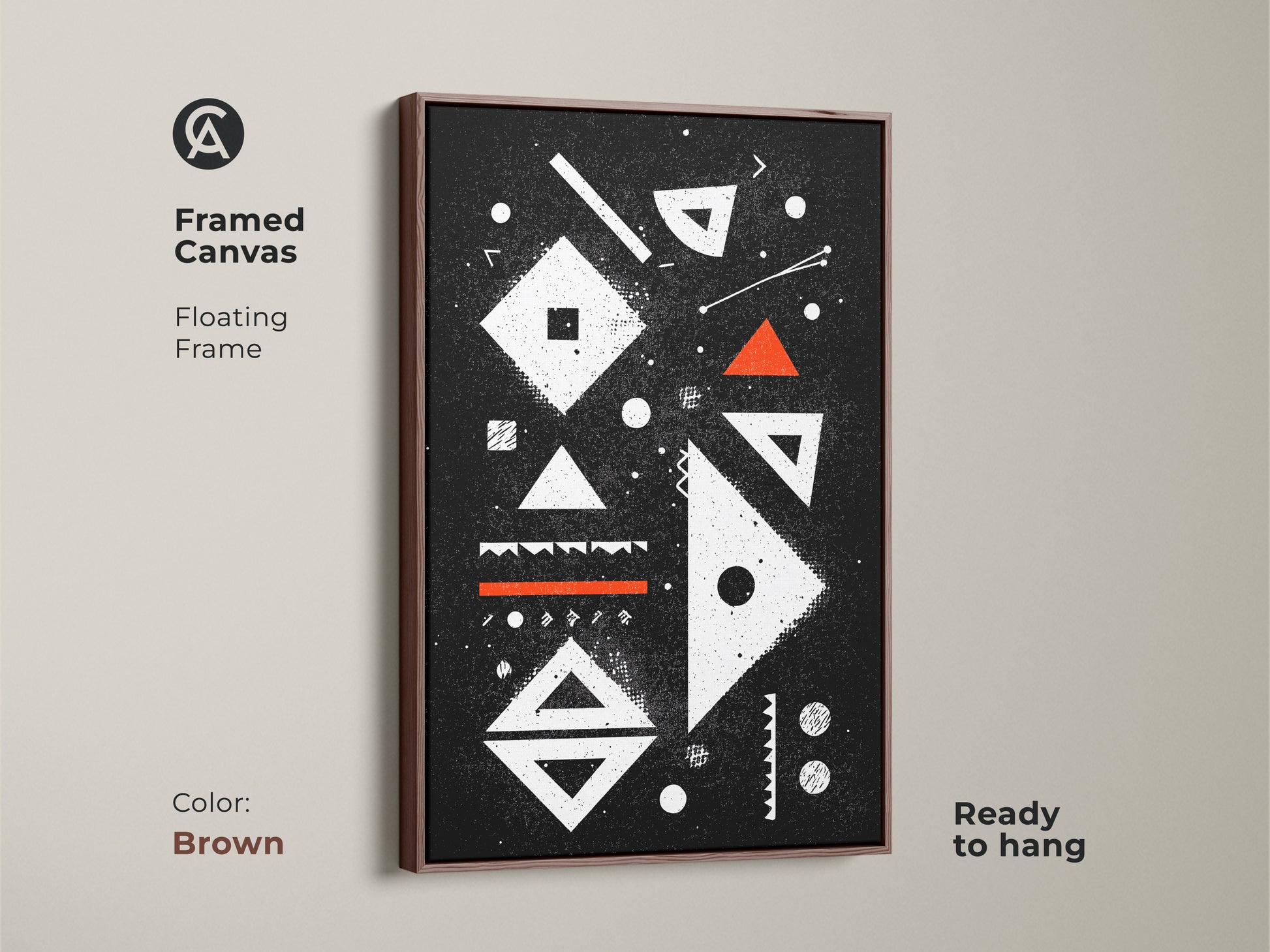 Framed abstract geometric artwork with a floating frame in brown. This mid-century modern canvas features a black white and orange palette. Ready to hang adding sophistication to your living room or office with this contemporary geometric decor.