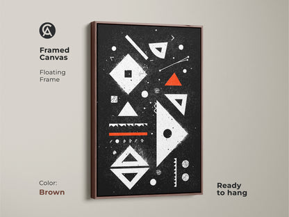 Framed abstract geometric artwork with a floating frame in brown. This mid-century modern canvas features a black white and orange palette. Ready to hang adding sophistication to your living room or office with this contemporary geometric decor.