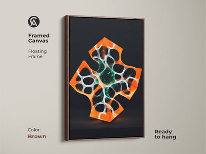 Framed canvas showing abstract geometric artwork with a brown floating frame. Orange and white cross elements are displayed. This modern piece is ready to hang. Great for adding contemporary style to decor.