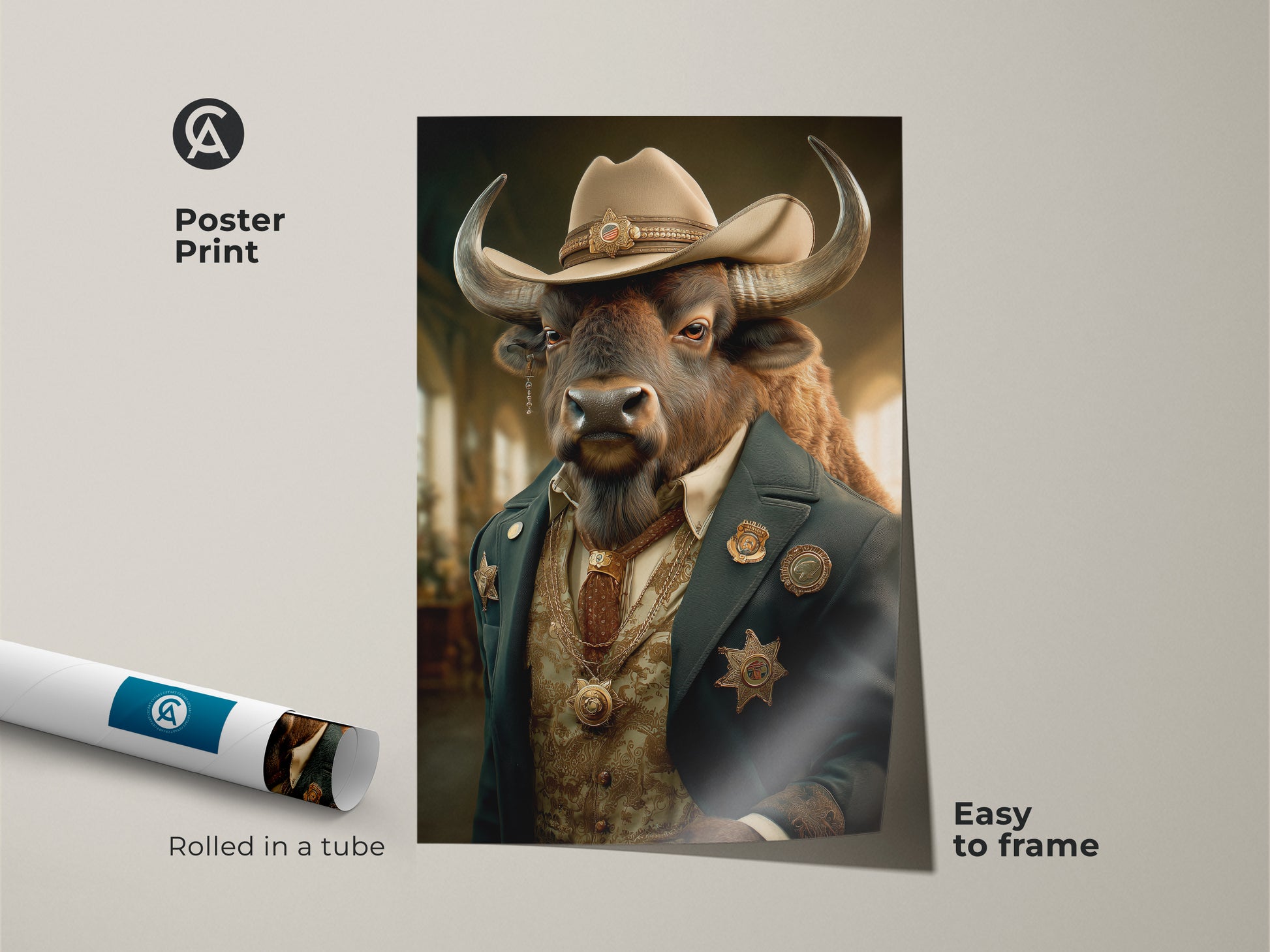 Poster print of a surreal buffalo sheriff. This digital art print features a western cowboy animal in tan blue and brown. It is an eclectic piece perfect for easy framing. Great for man caves or unique Americana wall art. Enhance your den or office with this buffalo artwork.