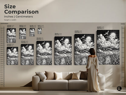 Size comparison of London cityscape art prints. See various sizes displayed above a sofa. The monochrome artwork features detailed architecture and a radiant sun. Choose the ideal size to complement your living room decor. Options include canvas and poster.