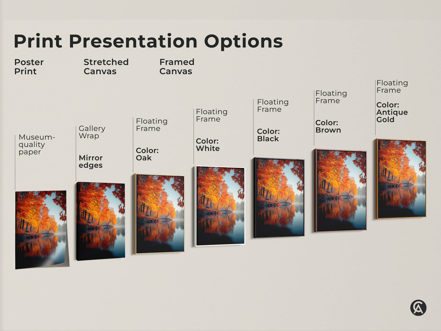 Explore our print presentation options. Choose from poster prints stretched canvases and framed canvases. Each option showcases the vibrant autumn landscape art. Select the perfect style to complement your decor. Transform your space with our museum-quality artwork. Enjoy the beauty of fall indoors.