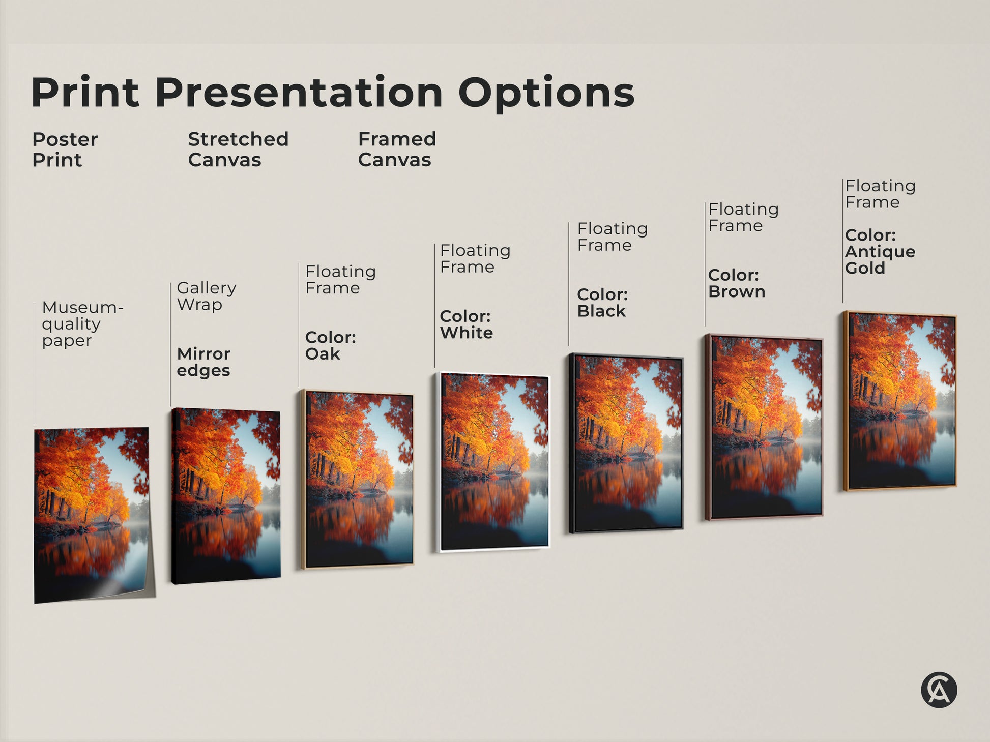 Explore our print presentation options. Choose from poster prints stretched canvases and framed canvases. Each option showcases the vibrant autumn landscape art. Select the perfect style to complement your decor. Transform your space with our museum-quality artwork. Enjoy the beauty of fall indoors.