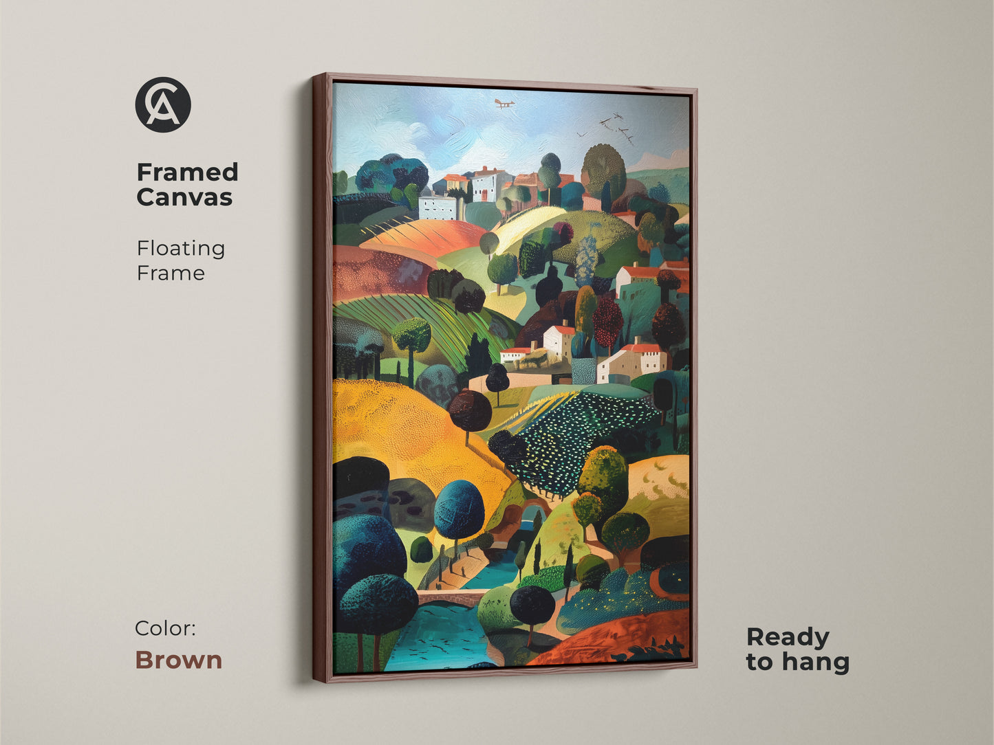 Framed canvas print of a naive art countryside village. This folk art landscape features a golden emerald teal color palette. The artwork has a brown floating frame. It is travel inspired wall decor and ready to hang. A pastoral scene canvas that complements eclectic home decor.