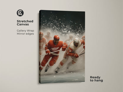 Stretched canvas art featuring a dynamic Ice Hockey action shot.  A gallery wrap with mirrored edges ensures a museum-quality look. Ready-to-hang sports decor for game rooms and hockey fans. This red and white artwork brings an energetic feel.