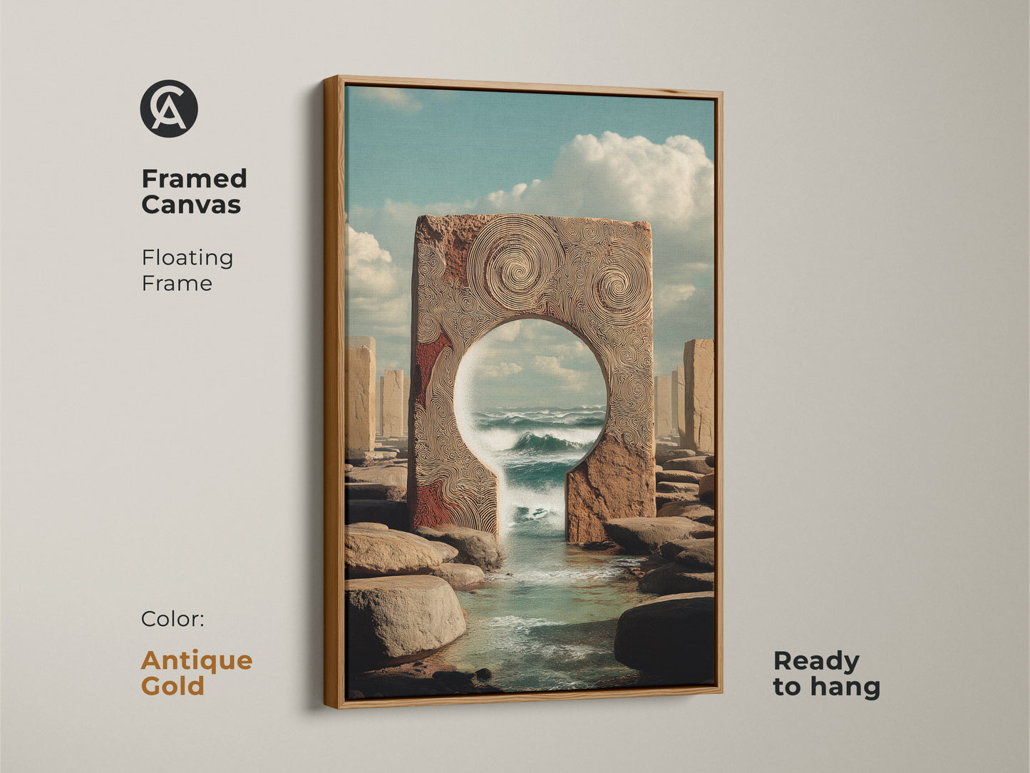 Antique gold framed canvas with a surreal ocean portal view.  This conceptual artwork makes for compelling wall decor. Ready to hang in any eclectic tan blue teal room.
