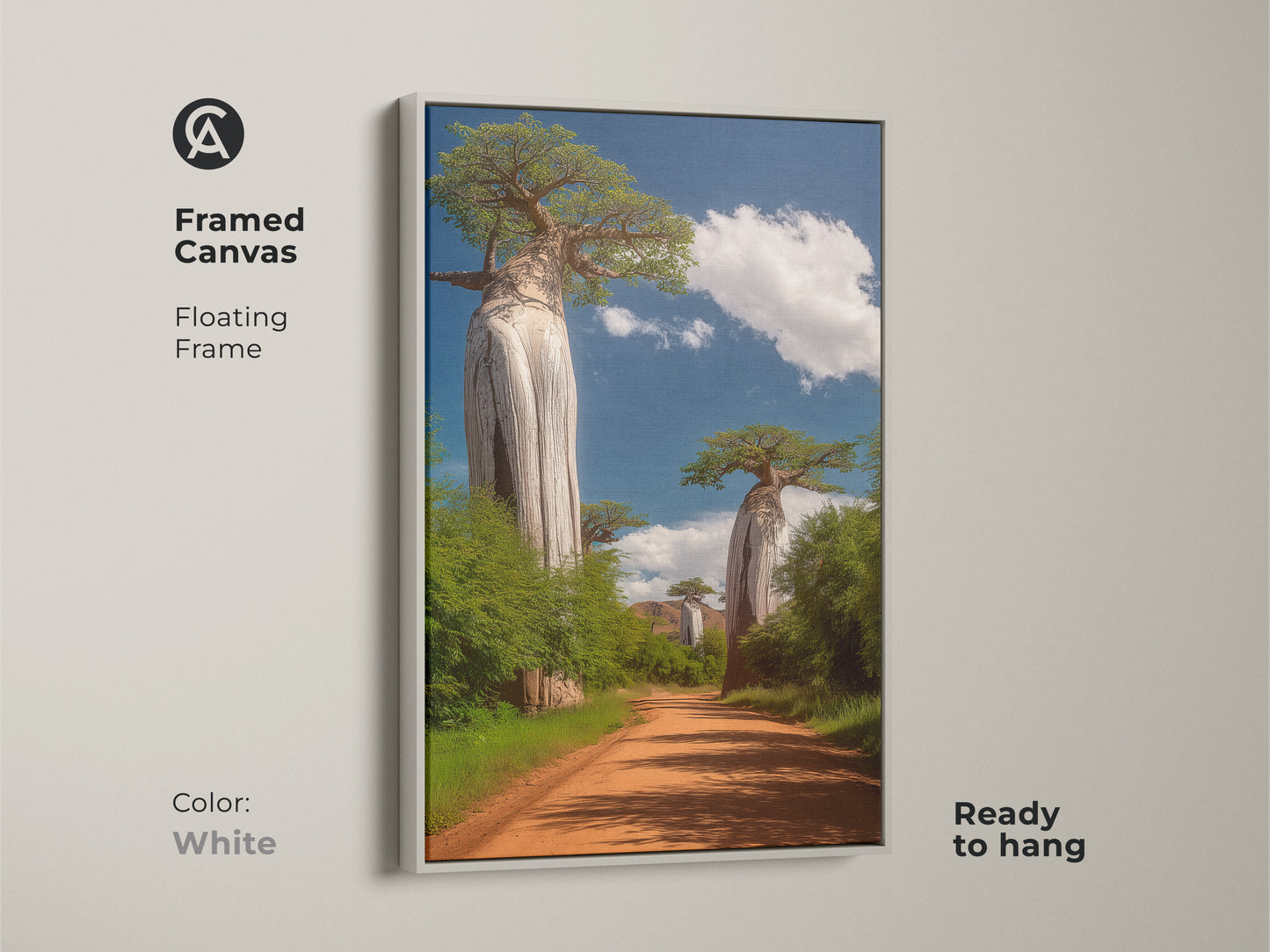 White framed canvas of African Baobab trees. Floating frame. Ready to hang. This blue sky landscape art is residential wall art. The earthy tones add warmth. Perfect travel gift idea.