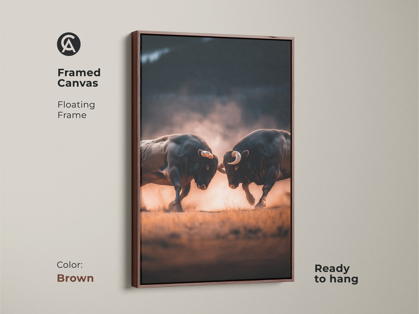 Framed canvas artwork of two bulls fighting in a brown floating frame. Ready to hang this piece adds a rustic touch. The artwork exudes power and intensity. Shop framed animal art to enhance your decor now.