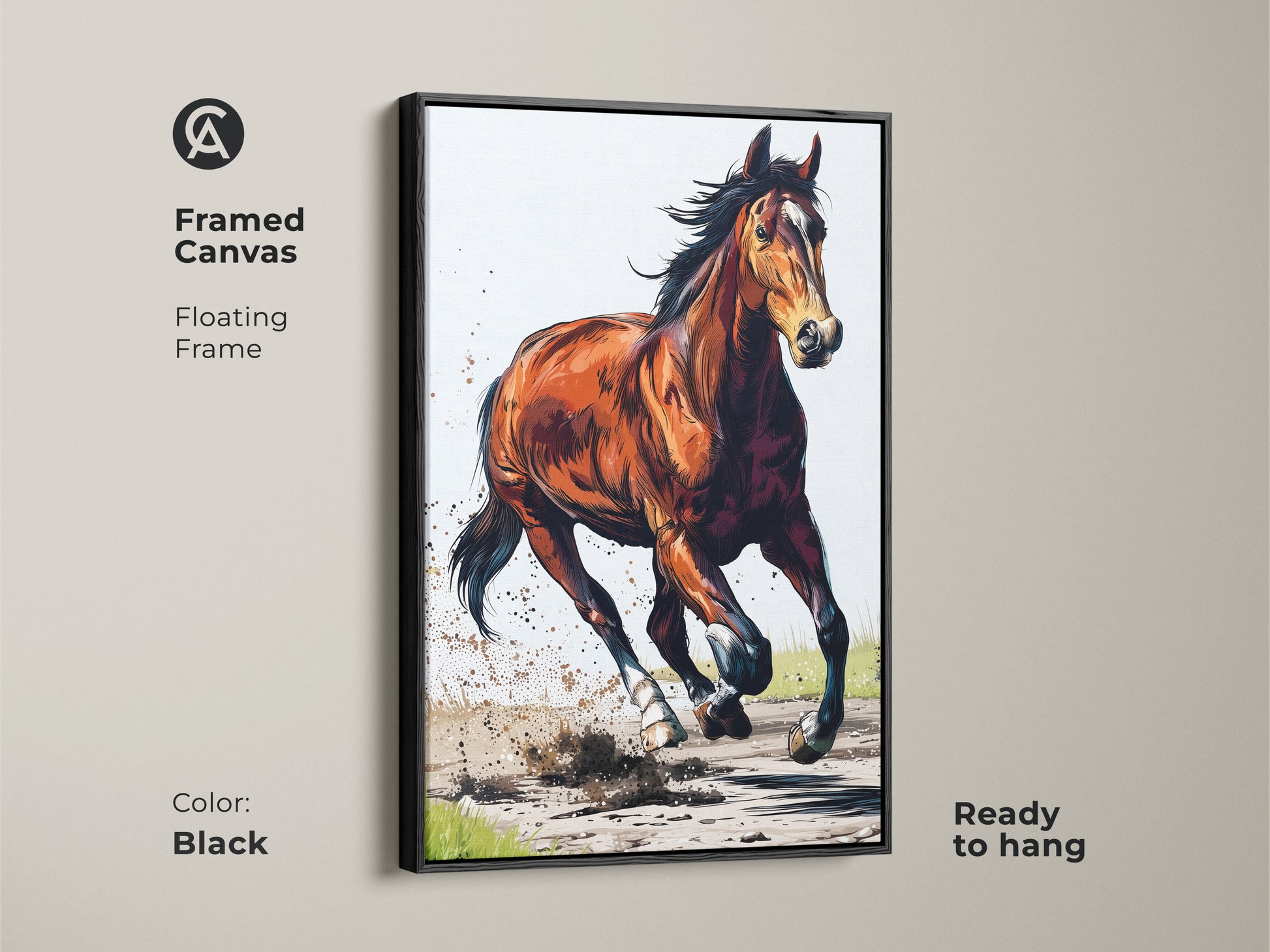 Framed canvas of a galloping chestnut horse in a black floating frame. Ready to hang expressive wildlife art. Perfect dynamic animal artwork for adding rustic charm. Shop equestrian home decor now.