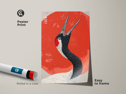 Poster print of a Red Crowned Crane in a modern folk art style rolled in a tube and easy to frame. This Japanese crane art brightens any space with its wildlife nature canvas print. A unique red bird decor for nature lovers.