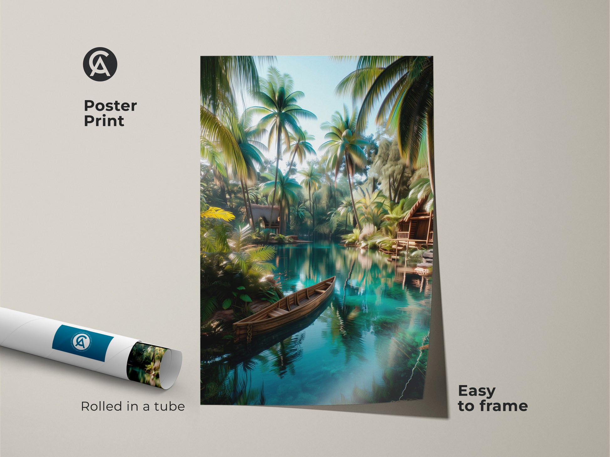 Poster print of a tropical lagoon artwork rolled in a tube. The art features palm trees a wooden boat and clear lagoon waters. Easy to frame this poster brings the tropics to your home. The vibrant colors and serene scene create a calming effect. Purchase this museum-quality poster for an instant escape.