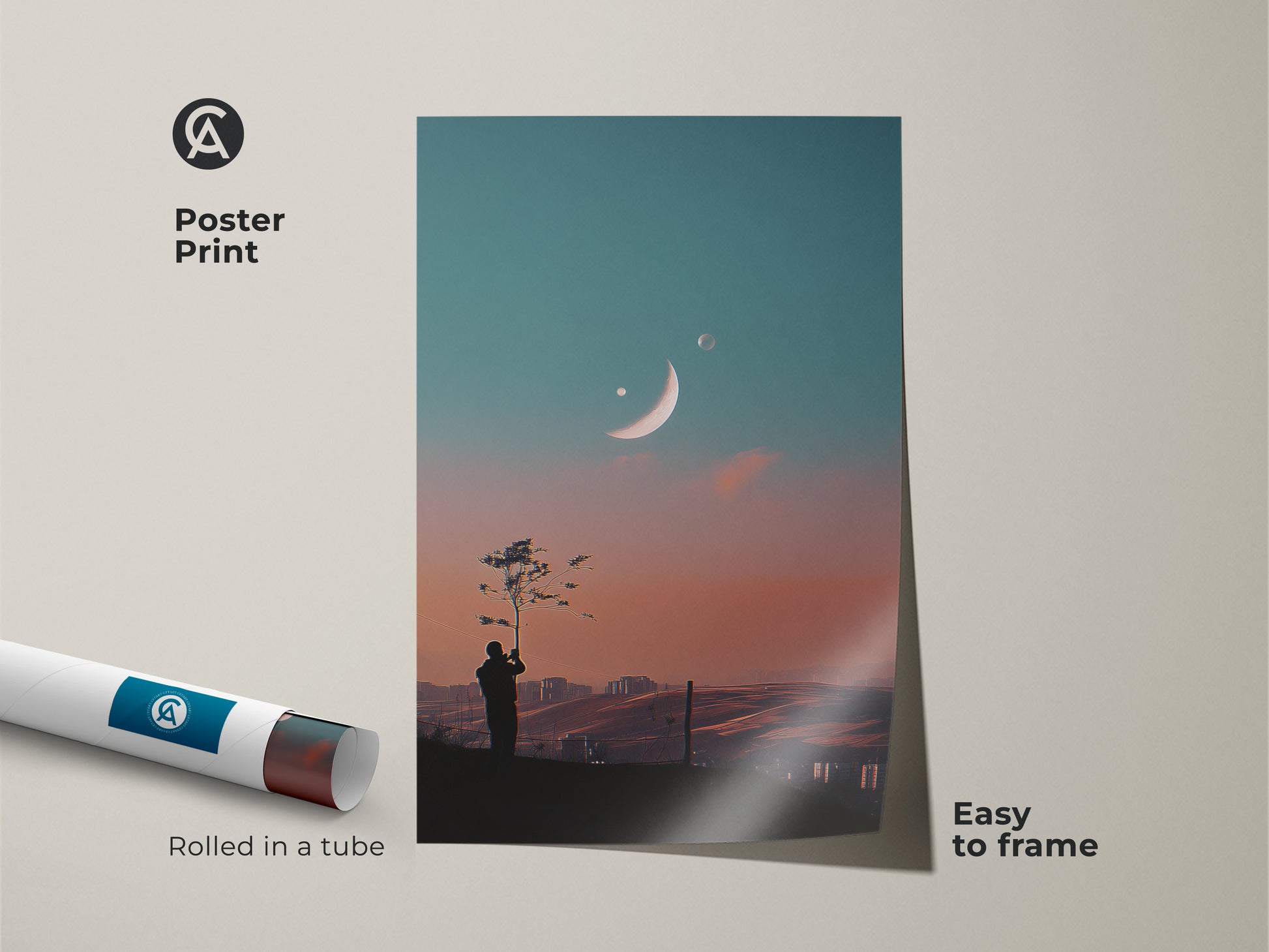 Poster print of surreal space art. The dreamy moon canvas art is rolled in a tube for easy framing. This celestial landscape wall art adds wonder to your home. A fantasy tree silhouette print is perfect for modern decor. The blue orange gradient sky art captivates.