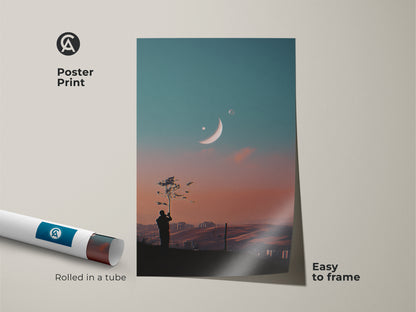 Poster print of surreal space art. The dreamy moon canvas art is rolled in a tube for easy framing. This celestial landscape wall art adds wonder to your home. A fantasy tree silhouette print is perfect for modern decor. The blue orange gradient sky art captivates.