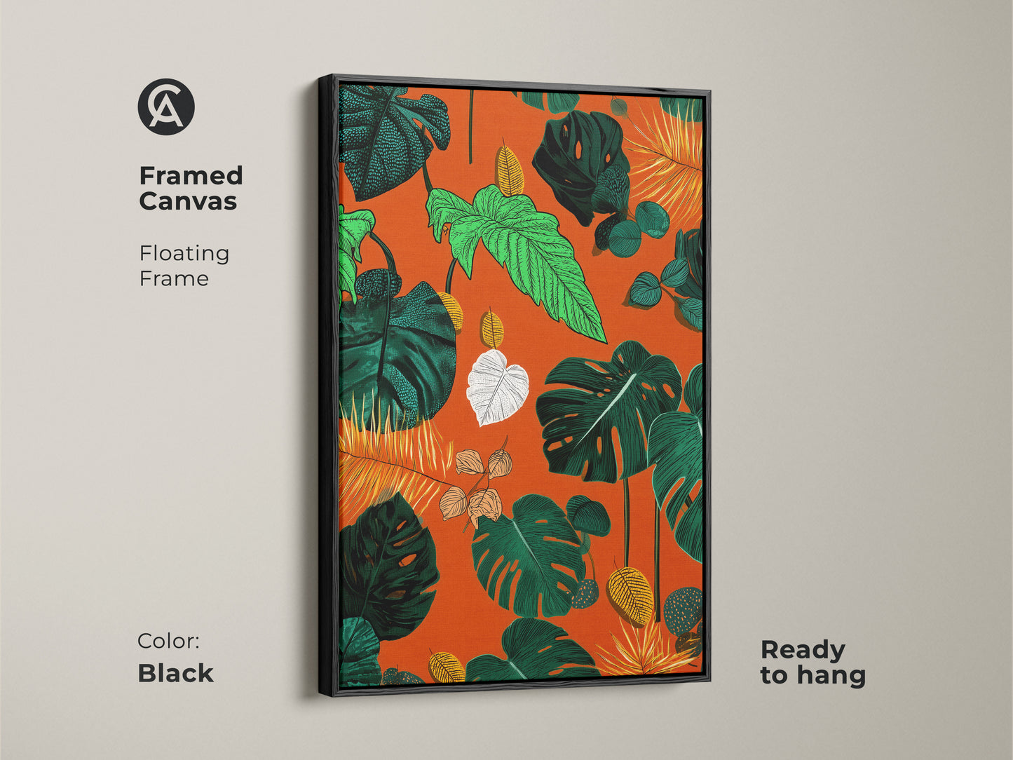 Framed canvas with a floating frame showcasing a boho botanical artwork. Black frame enhances the tropical Monstera and fern leaves. The vibrant orange green and yellow art adds color to any room. Ready to hang this leafy jungle print is ideal for eclectic boho wall decor.