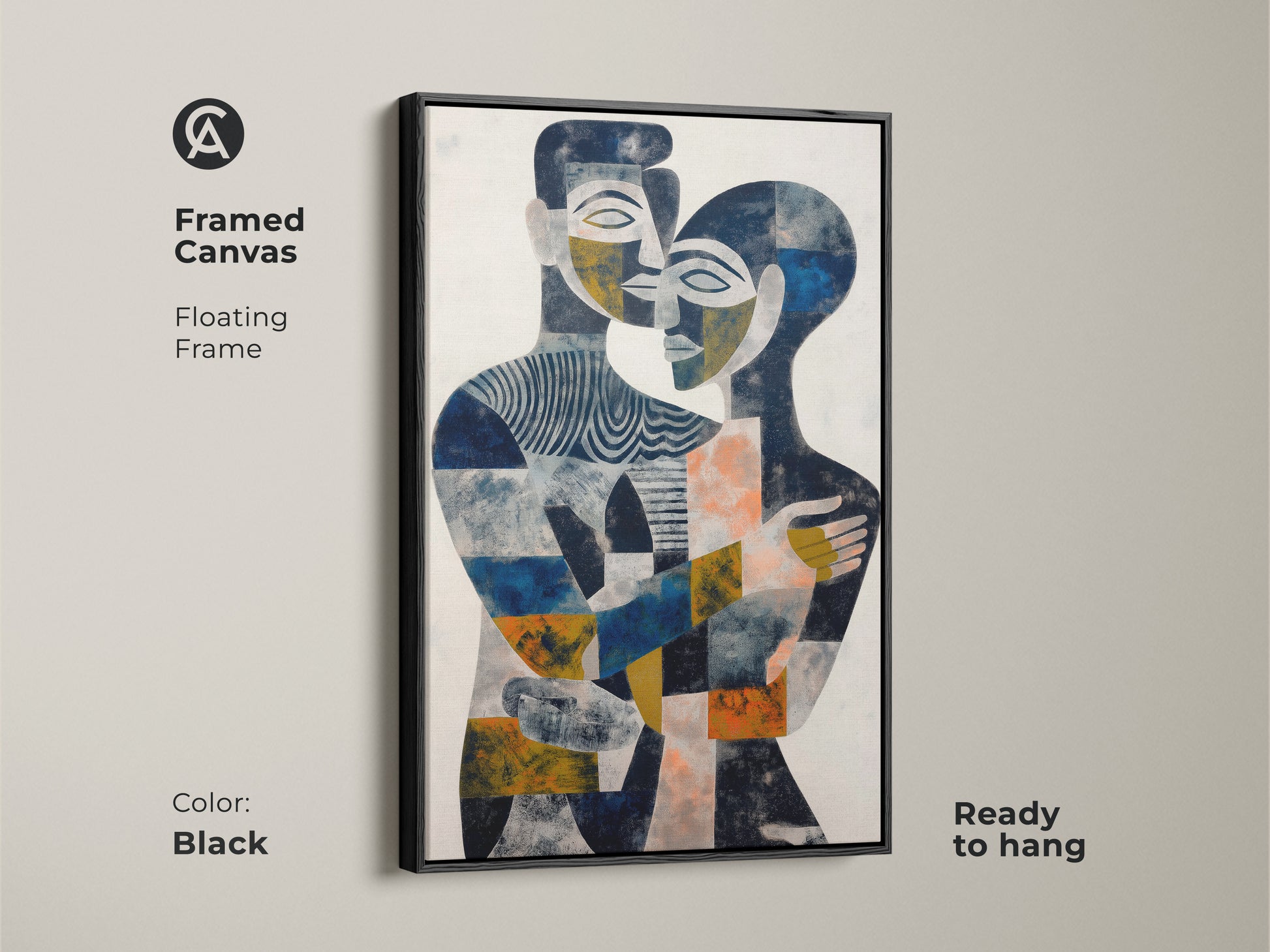 Add depth to your walls with this fine art canvas print. This navy gold and blue abstract artwork showcases a couple's embrace. The contemporary art print offers a modern aesthetic. This geometric abstract art serves as a thoughtful anniversary gift and brings modern elegance to any room.