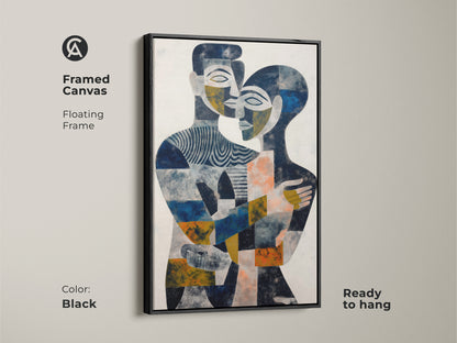 Add depth to your walls with this fine art canvas print. This navy gold and blue abstract artwork showcases a couple's embrace. The contemporary art print offers a modern aesthetic. This geometric abstract art serves as a thoughtful anniversary gift and brings modern elegance to any room.