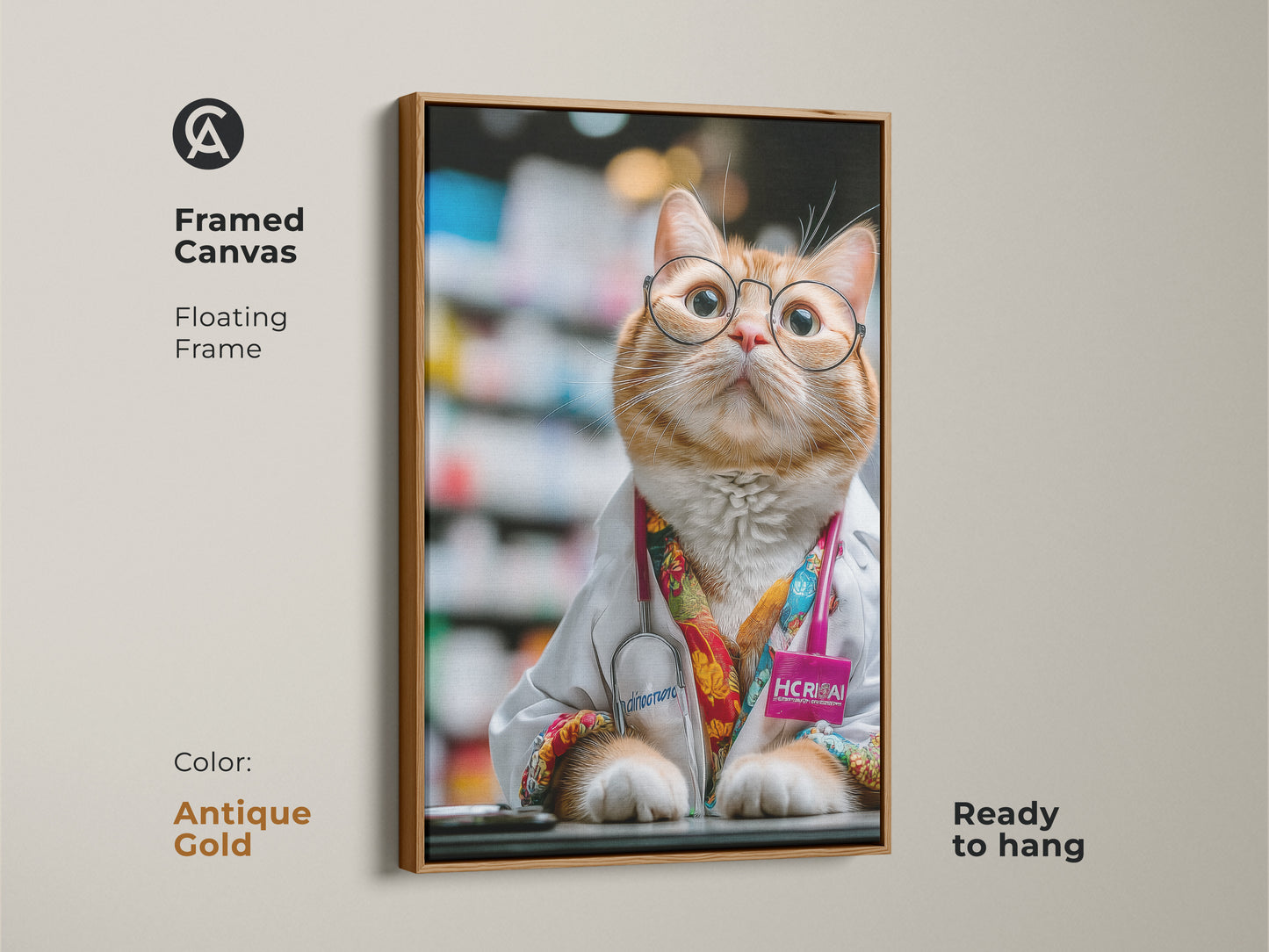 Antique gold framed canvas with an orange cat doctor. This funny animal artwork adds style to an office. It is an excellent veterinarian gift. The cat lover wall decor is humorous professional art. This quirky cat portrait is a unique piece.