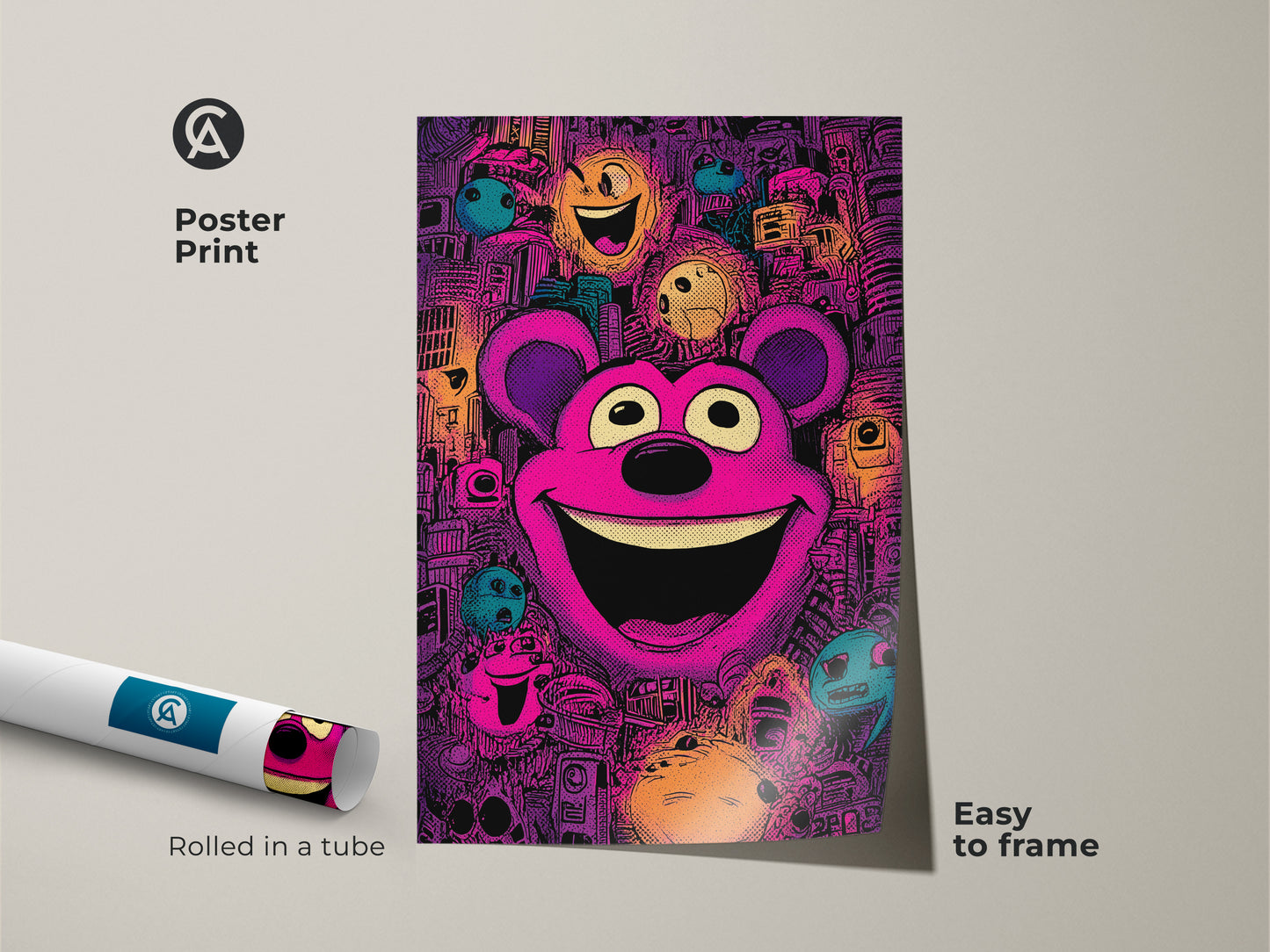 Poster print featuring a colorful teddy bear in a pop art style. The museum-quality paper highlights the fun artwork. This easy-to-frame poster adds a vibrant touch to any room or office.