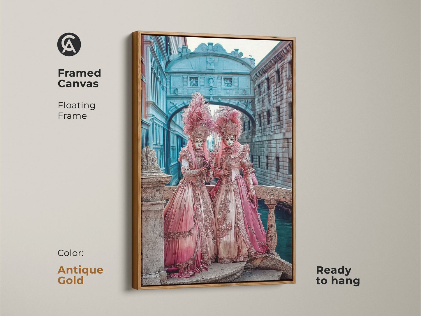 Antique Gold framed canvas of Venetian Carnival Artwork. The masquerade mask wall art is ready to hang. The floating frame showcases regal pink gold teal artwork. A baroque style print for eclectic home decor.