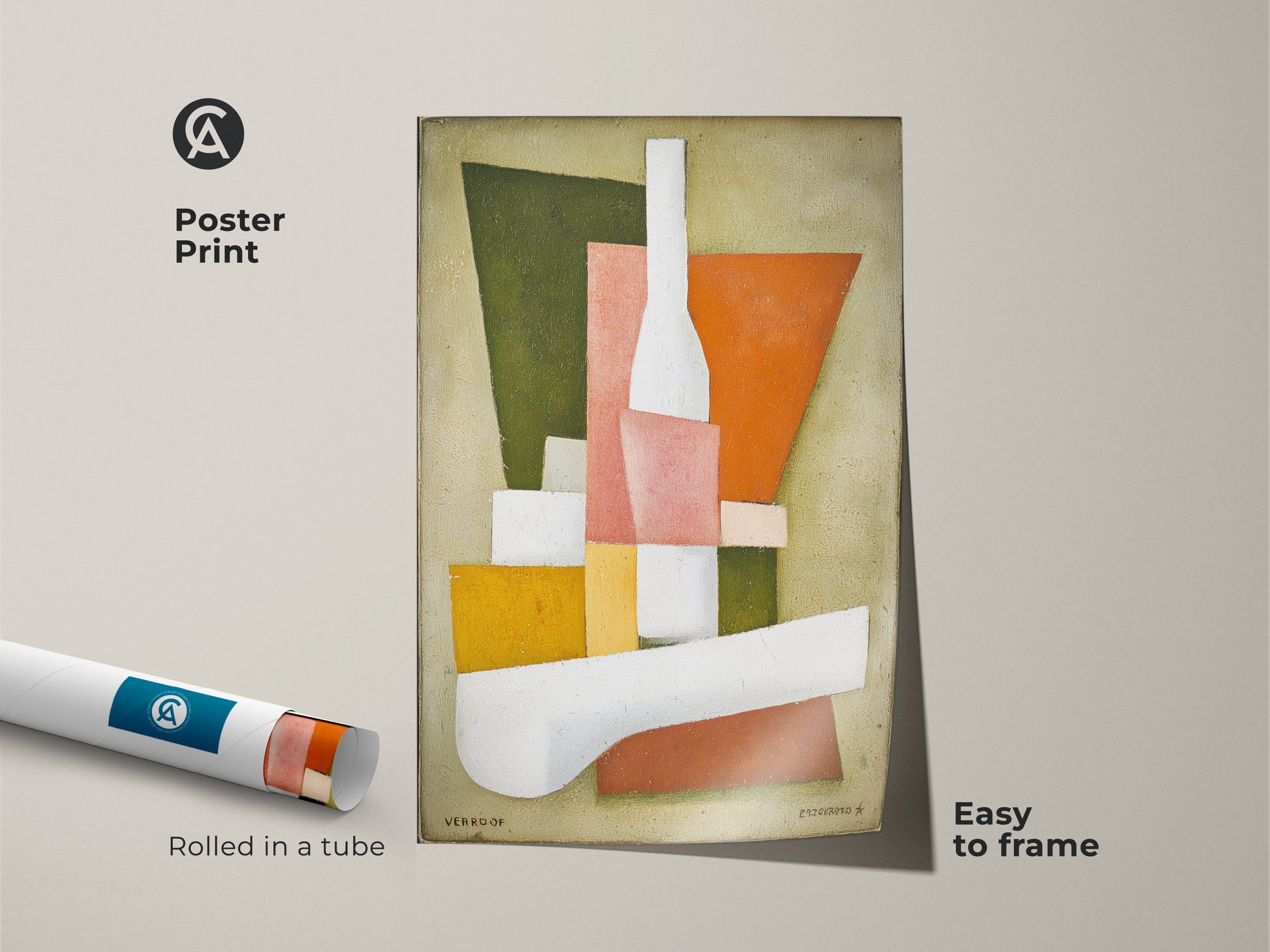 Poster print of an orange pink abstract geometric art piece. The mid-century modern cubism artwork is easy to frame. Rolled in a tube for safe shipping. A unique wall hanging for boutique or creative studio decor. Perfect for art lovers.