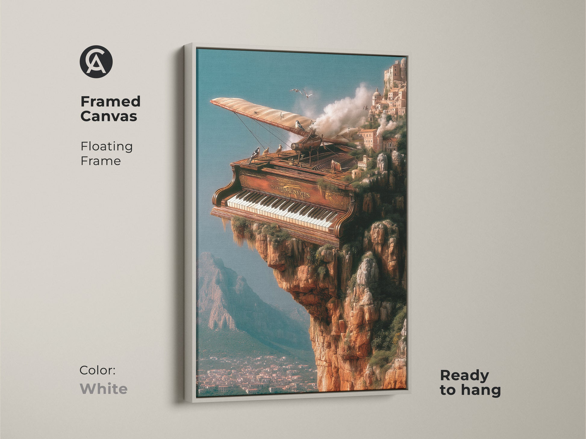 Framed canvas art showcasing a surreal piano scene with a white floating frame. The steampunk-inspired musical art is ready to hang. Great for adding an artistic touch to your home decor. Perfect gift for musicians and lovers of eclectic art.