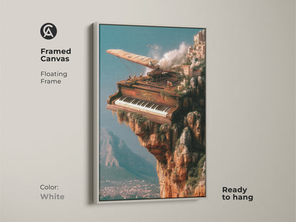 Framed canvas art showcasing a surreal piano scene with a white floating frame. The steampunk-inspired musical art is ready to hang. Great for adding an artistic touch to your home decor. Perfect gift for musicians and lovers of eclectic art.