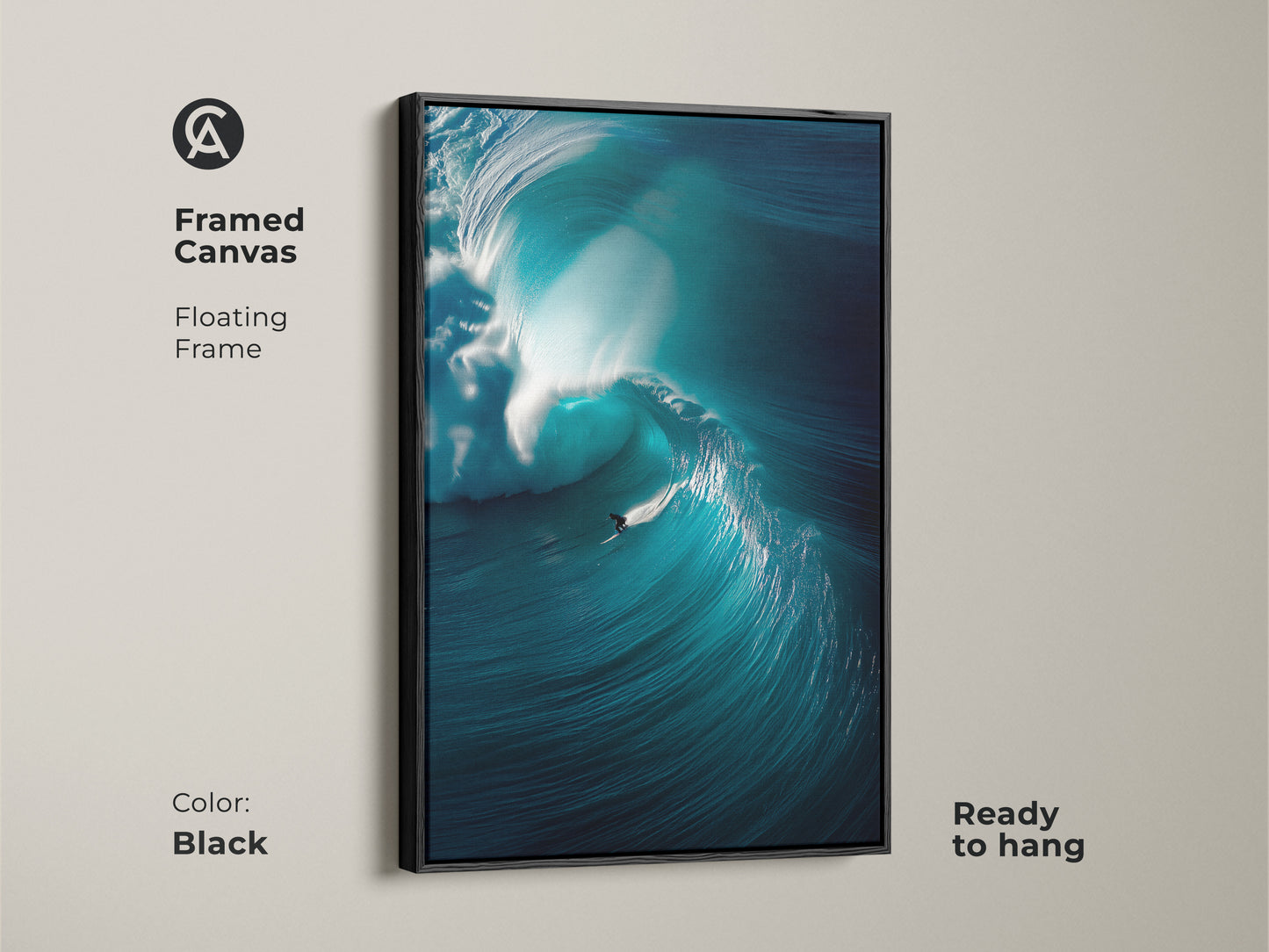 A surfer rides a massive wave in this framed canvas artwork. It features a sleek black floating frame and is ready to hang. This ocean art print captures the beauty and power of the sea. Perfect for adding a touch of the ocean to your home.