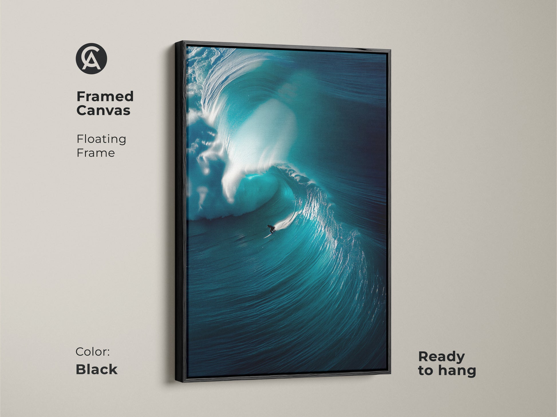 A surfer rides a massive wave in this framed canvas artwork. It features a sleek black floating frame and is ready to hang. This ocean art print captures the beauty and power of the sea. Perfect for adding a touch of the ocean to your home.