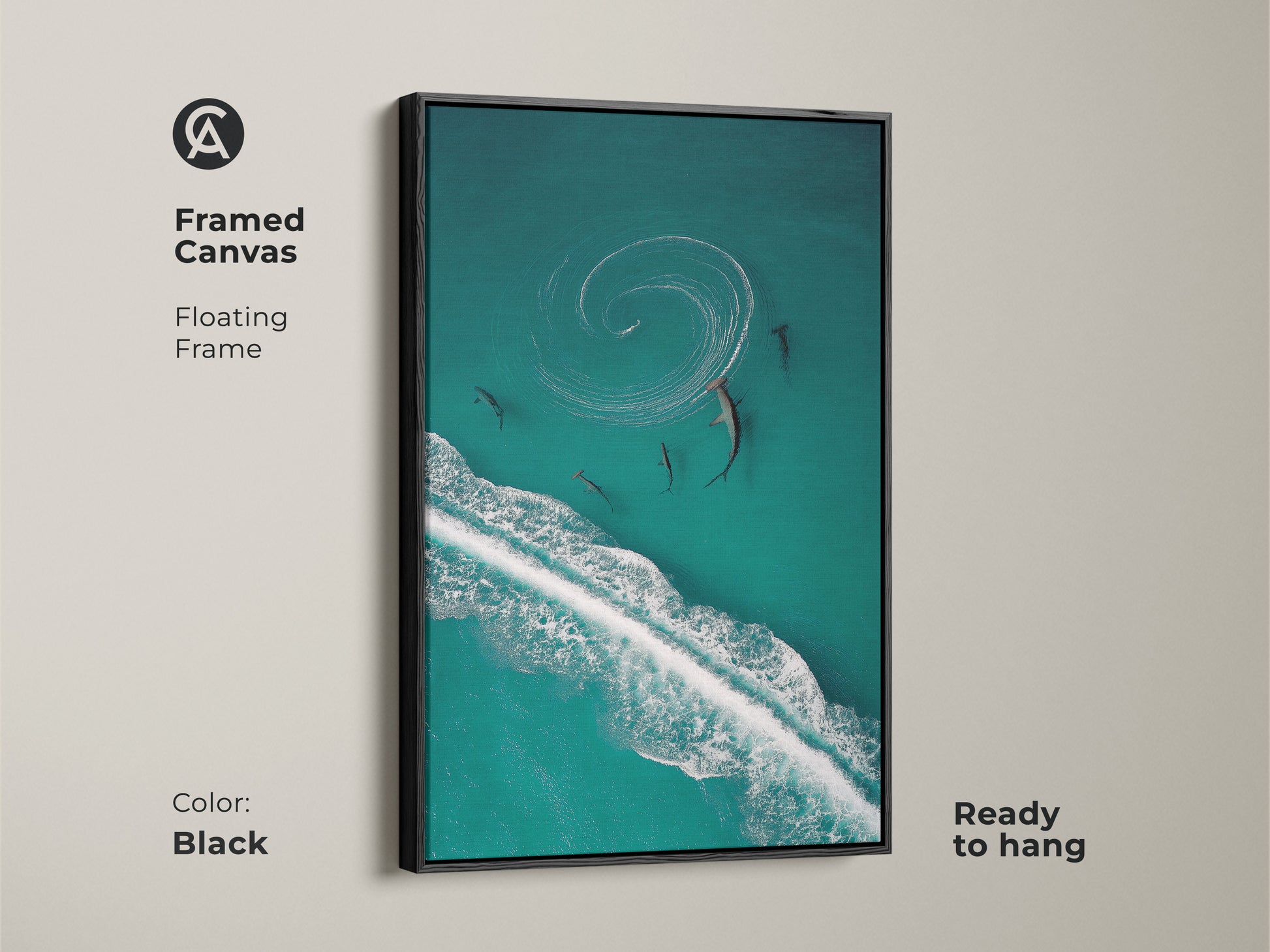Add a touch of coastal charm with this framed canvas art. This aerial shark and wave print brings turquoise deep blue hues to your home decor. Ready to hang this piece is perfect for enhancing any space with marine life artwork. The black frame adds a sleek touch.