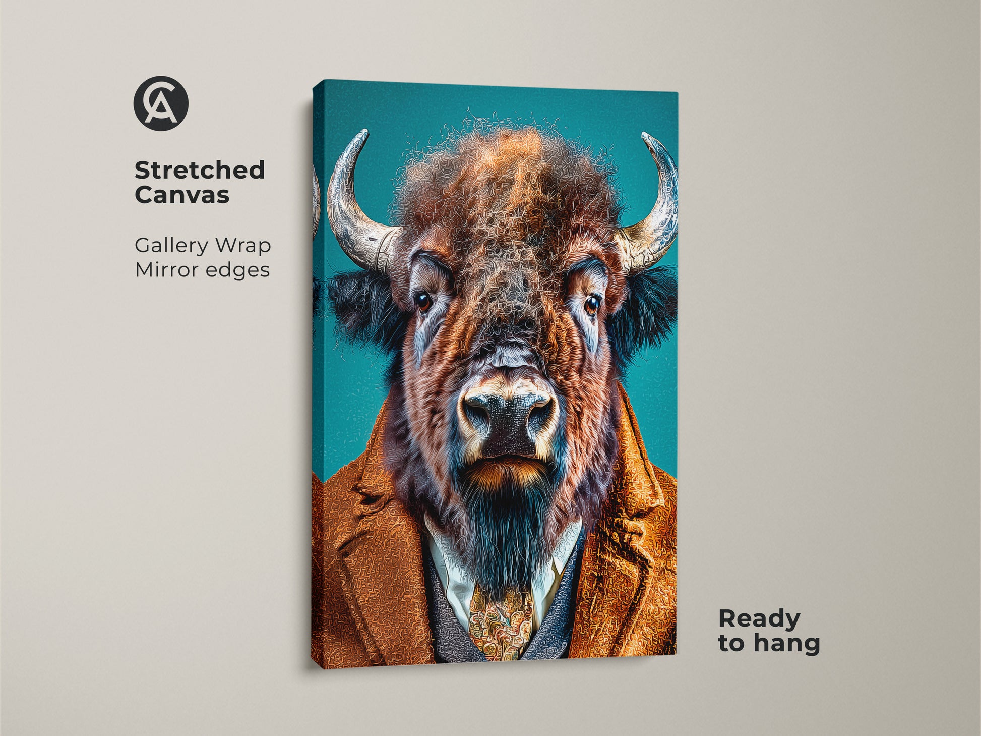 Stretched canvas art showcasing a buffalo dressed in a stylish suit. This unique animal artwork features gallery-wrapped edges. It is ready to hang and adds a modern touch to your decor. Get museum-quality prints for your home or office.