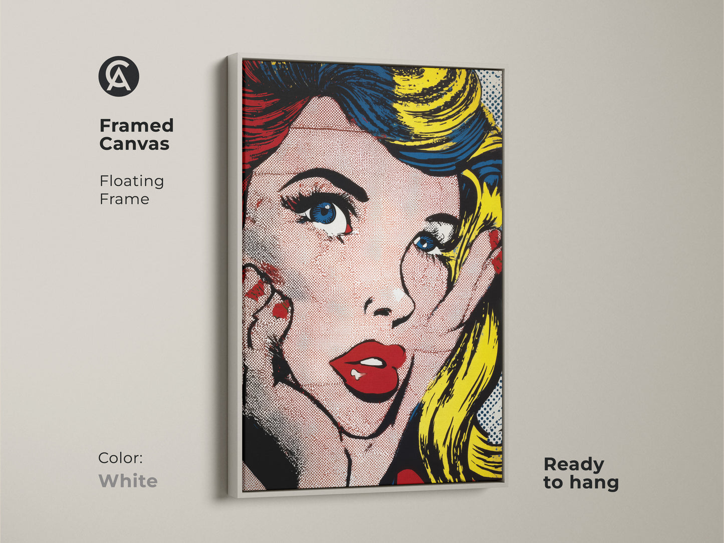 Framed canvas presenting Pop Art Woman with a white floating frame. This ready-to-hang artwork brings a clean modern look. The art features a woman in iconic pop art style. This framed canvas will complement any contemporary space