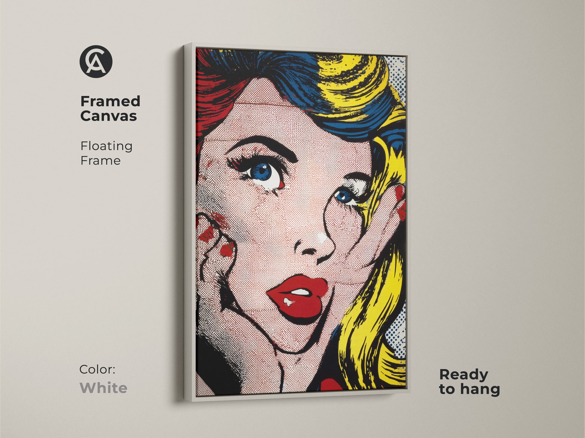Framed canvas presenting Pop Art Woman with a white floating frame. This ready-to-hang artwork brings a clean modern look. The art features a woman in iconic pop art style. This framed canvas will complement any contemporary space