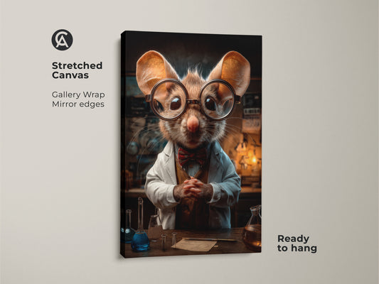 Stretched Canvas featuring a Steampunk Mouse Scientist in sepia tones. Gallery wrapped with mirrored edges. It is ready to hang and adds intellectual flair to any study or office. A unique science gift idea.