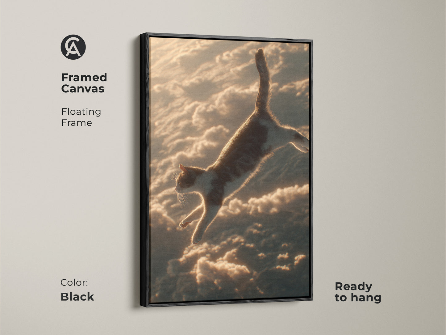 This is framed surreal cat art. It features a feline jumping through clouds in this artwork. The piece provides dreamy decor for an eclectic bedroom. It is a great gift.