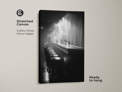 Stretched canvas print of a monochrome bar. This gallery wrapped canvas has mirror edges and is ready to hang. The cinematic nightlife scene is great industrial bar decor. Black and white canvas print for a lounge.