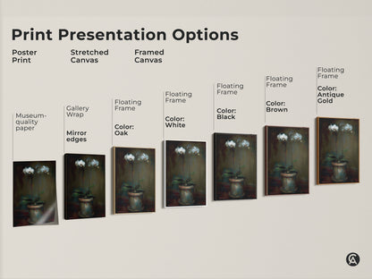 Print presentation options showcasing the emerald green orchid artwork. Available as poster print stretched canvas and framed canvas. Each option features museum quality paper gallery wrap and floating frames. Ideal contemporary botanical home decor.