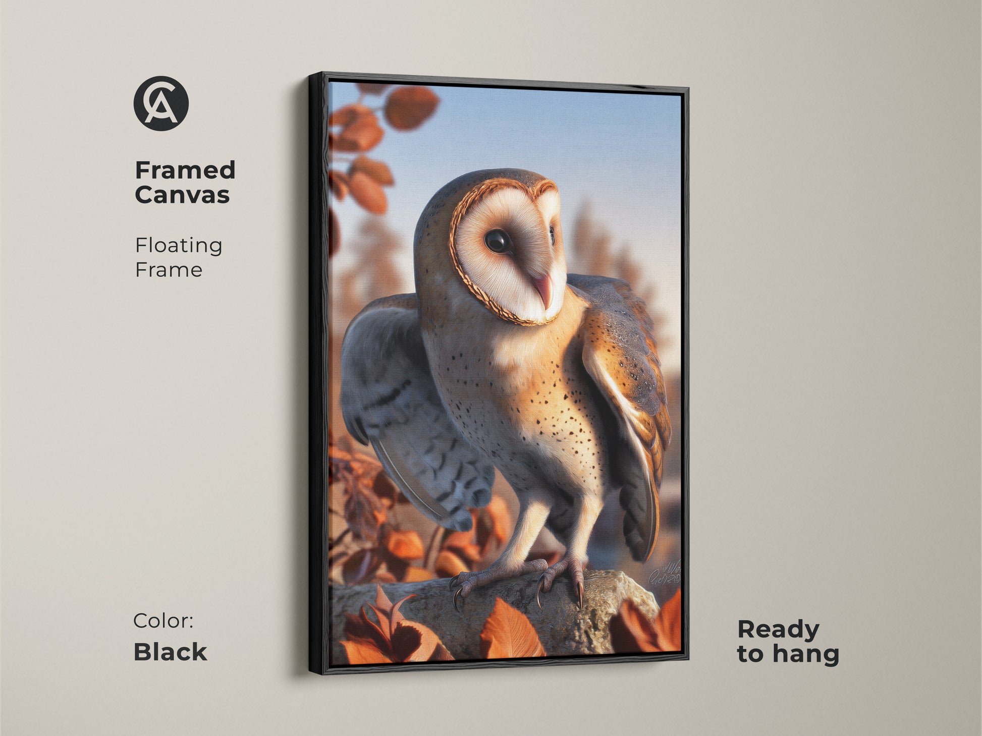 Framed canvas featuring a barn owl. Floating frame in black enhances the rustic nature decor. This autumn leaves wall art is ready to hang. A perfect bird watcher gift idea. The wildlife artwork complements any space.