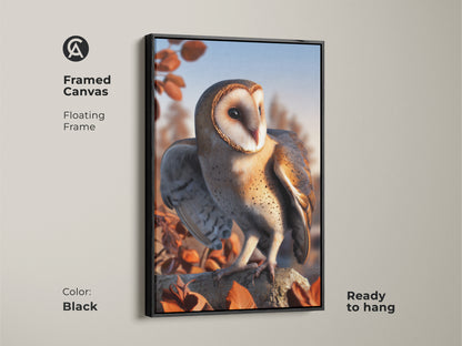 Framed canvas featuring a barn owl. Floating frame in black enhances the rustic nature decor. This autumn leaves wall art is ready to hang. A perfect bird watcher gift idea. The wildlife artwork complements any space.