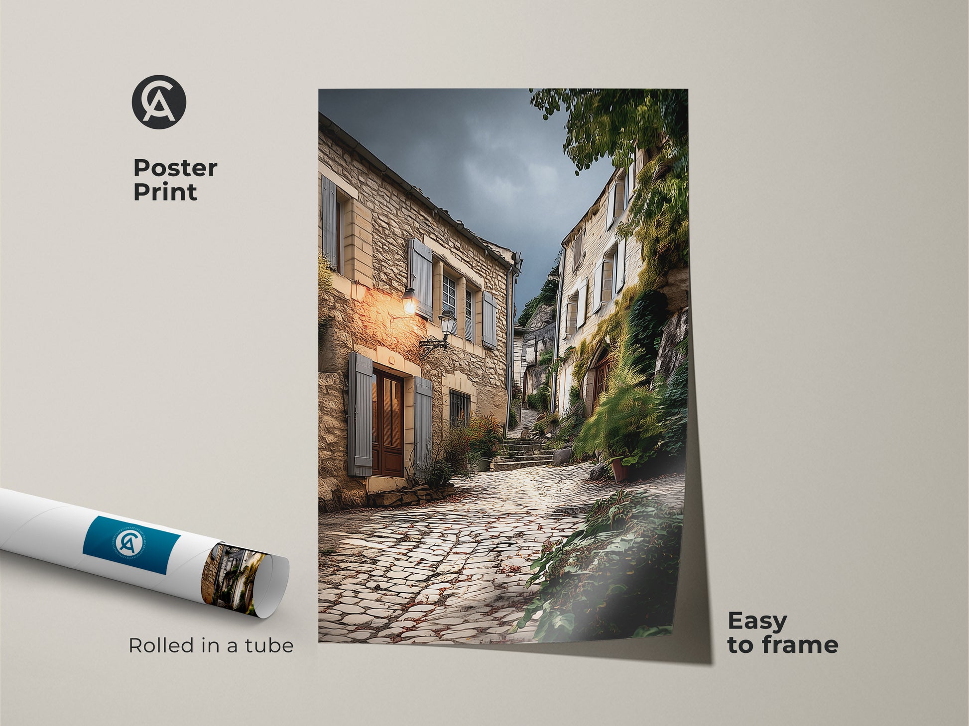 Poster print featuring a European village scene. A cobblestone street artwork is easy to frame. The rustic beige and brown tones add warmth to any space. Rolled in a tube this European town wall decor is perfect for travel lovers. Bring old-world charm and landscape beauty to your home.